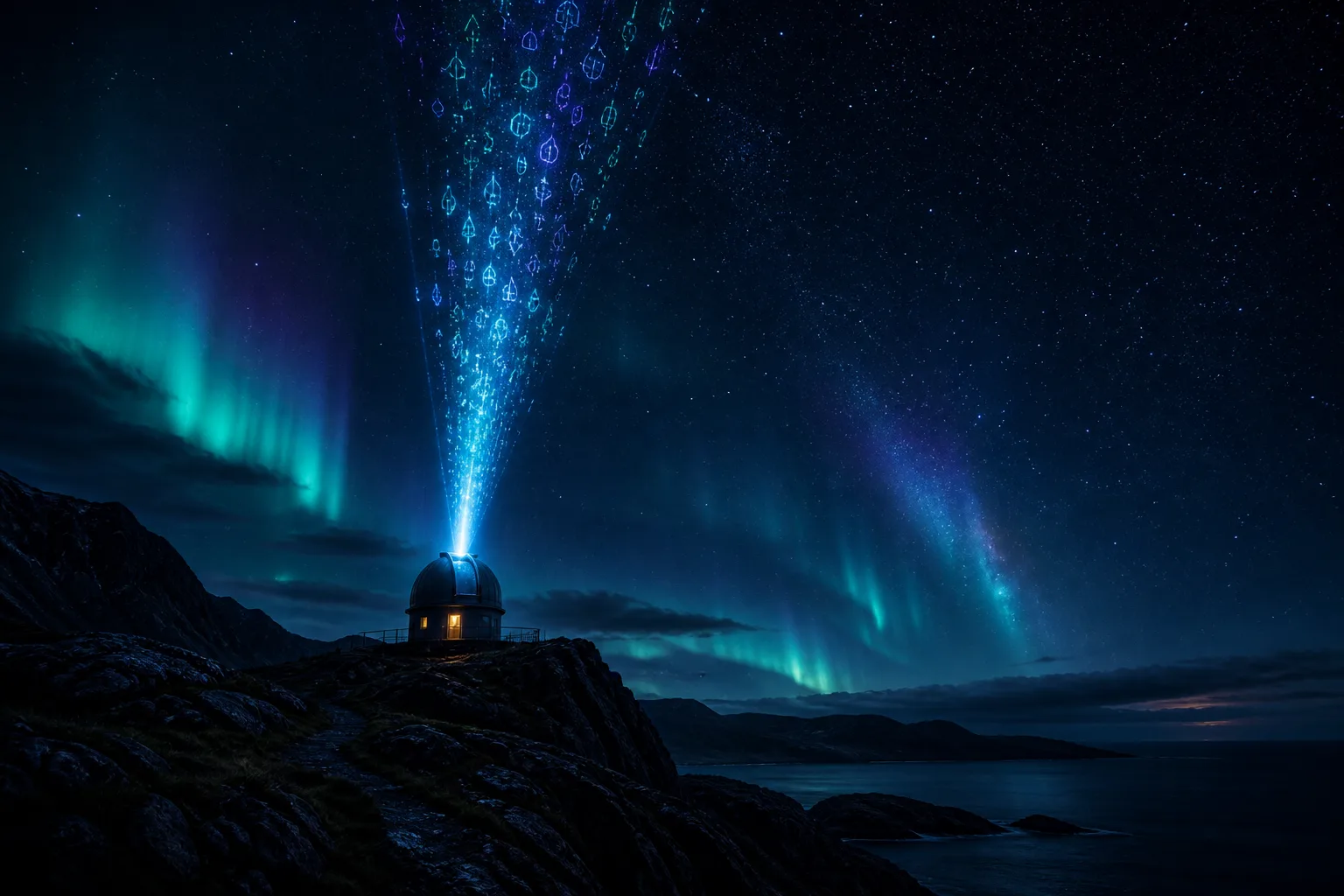 An observatory on the Norwegian coast beaming code into an aurora sky